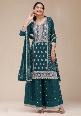 Teal Blue Embroidery Georgette Sharara Set