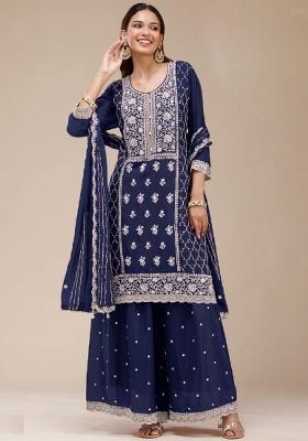 Blue Embroidery Georgette Sharara Set