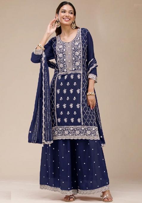 Blue Embroidery Georgette Sharara Set