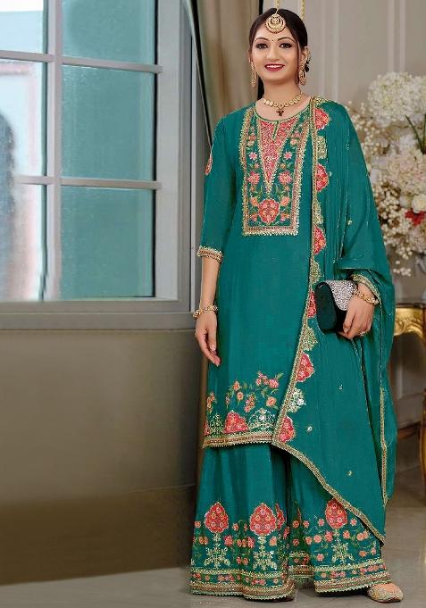 Teal Zari Sequence Embroidery Chinon Kurta Set