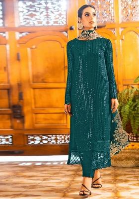 Teal Zari Sequence Embroidery Georgette Kurta Set