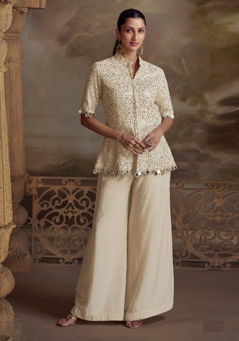 Cream Zari Sequence Embroidery Georgette Kurta Set