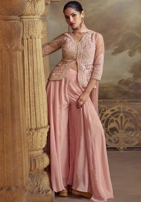 Pink Embroidered Net Sharara Set