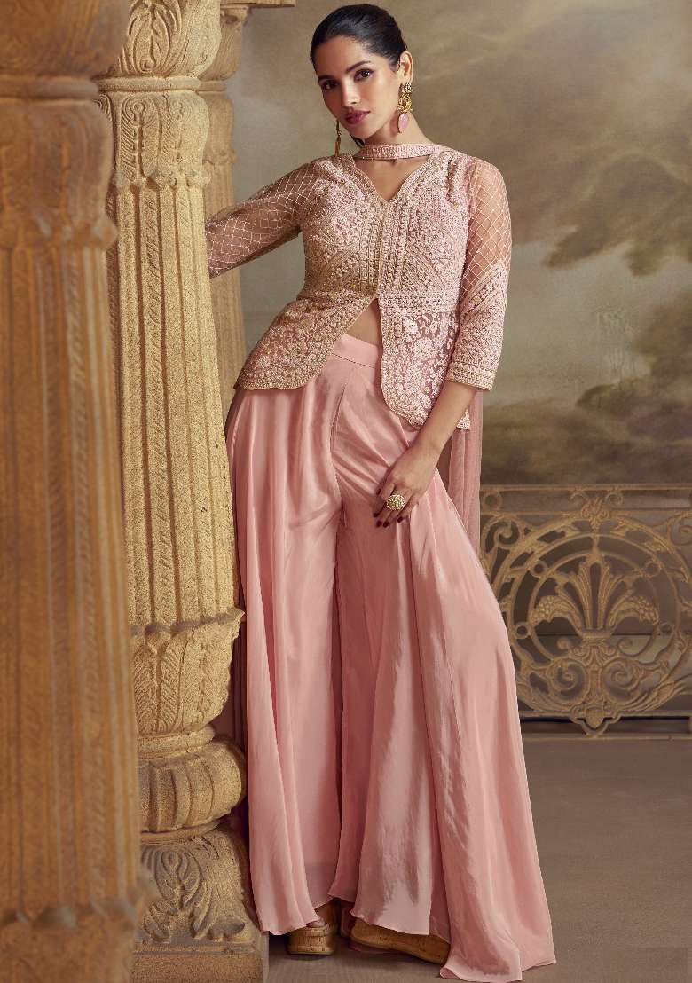 Pink Embroidered Net Sharara Set - Indya