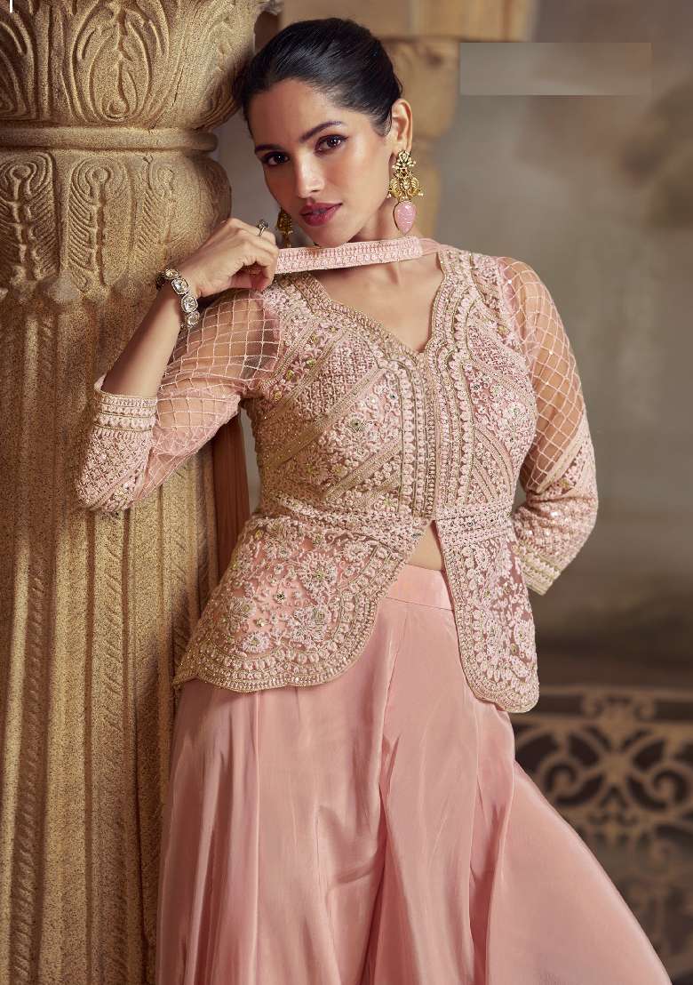 Pink Embroidered Net Sharara Set - Indya