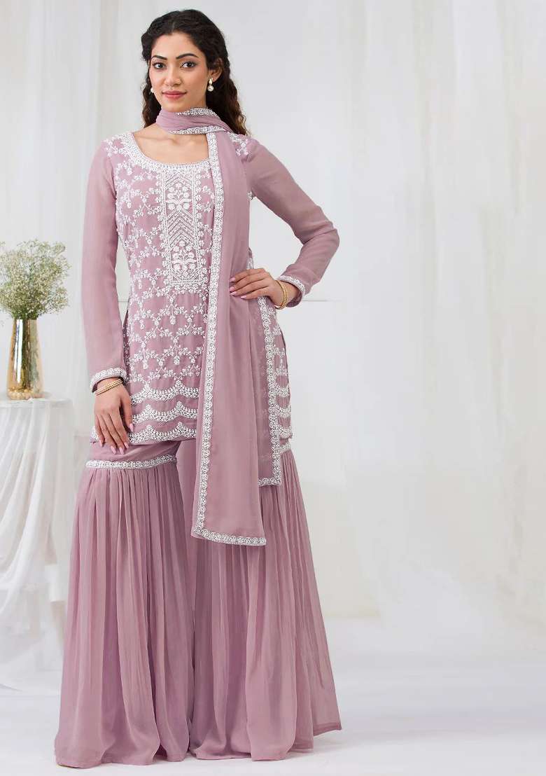 Pink Embroidered Georgette Sharara Set - Indya