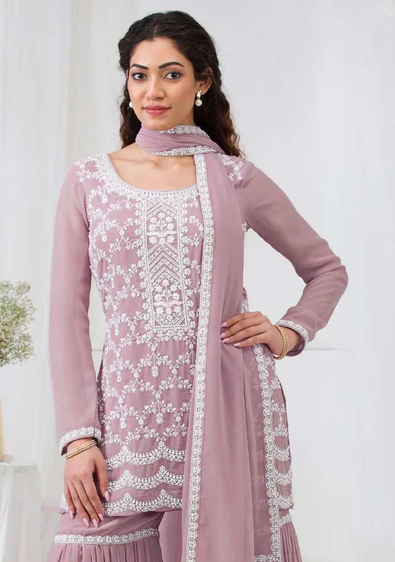 Pink Embroidered Georgette Sharara Set - Indya
