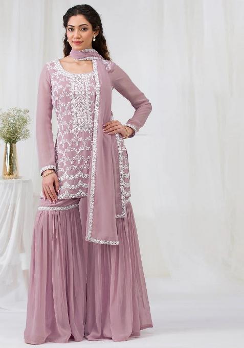 Pink Zari Sequence Embroidery Georgette Kurta Set