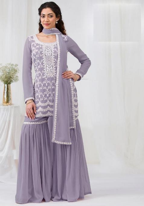 Purple Zari Sequence Embroidery Georgette Kurta Set