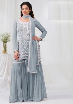 Grey Zari Sequence Embroidery Georgette Kurta Set