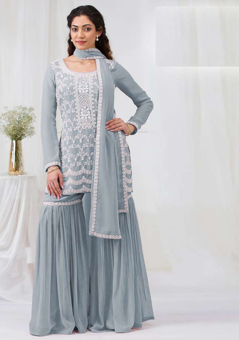 Grey Embroidered Georgette Sharara Set - Indya