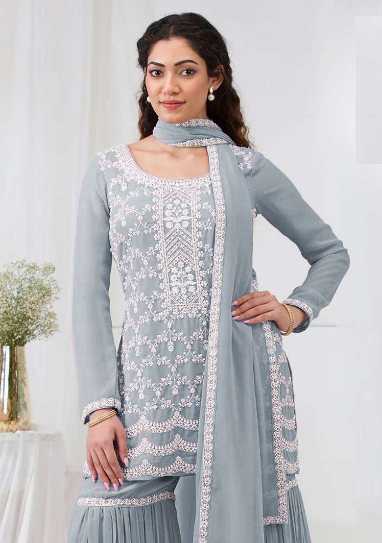 Grey Embroidered Georgette Sharara Set - Indya