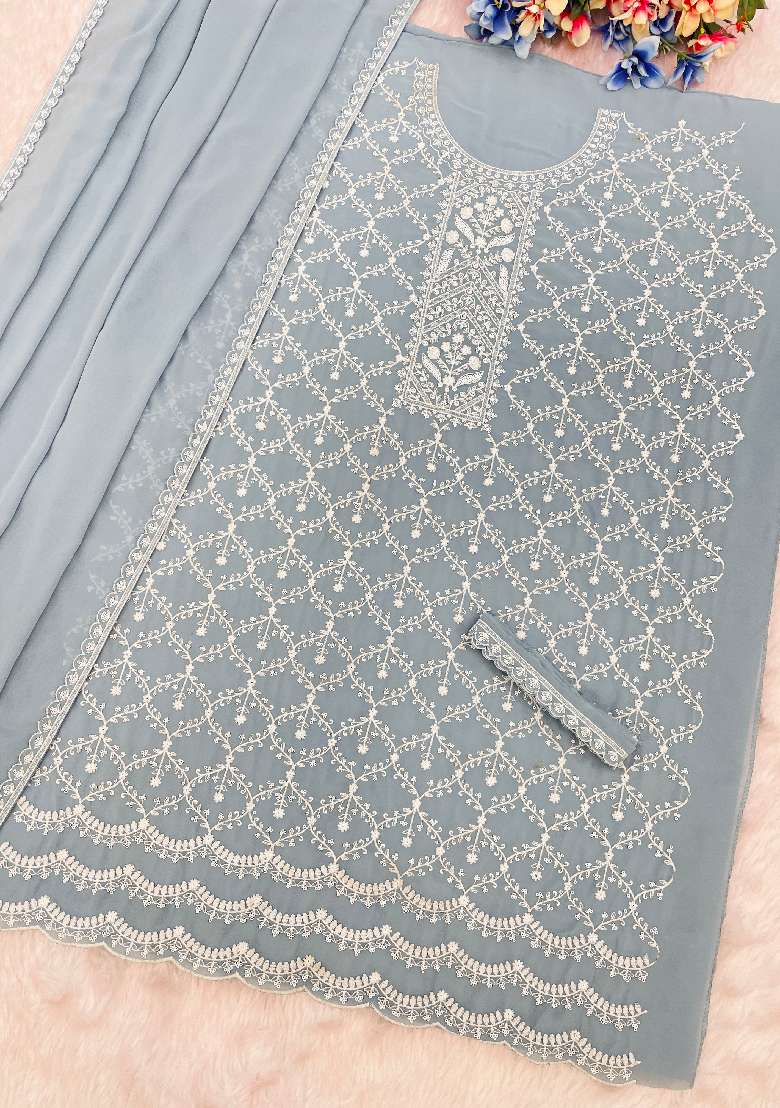Grey Embroidered Georgette Sharara Set - Indya