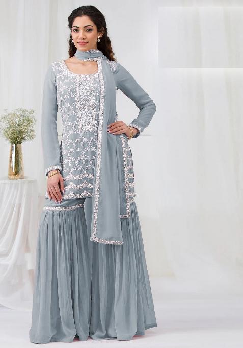 Grey Zari Sequence Embroidery Georgette Kurta Set