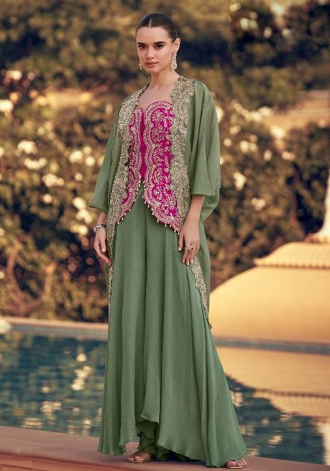 Pink Zari Sequence Embroidery Chinon Kurta Set