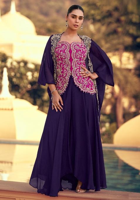 Pink Zari Sequence Embroidery Chinon Kurta Set