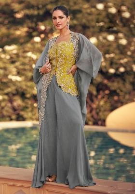Yellow Zari Sequence Embroidery Chinon Kurta Set