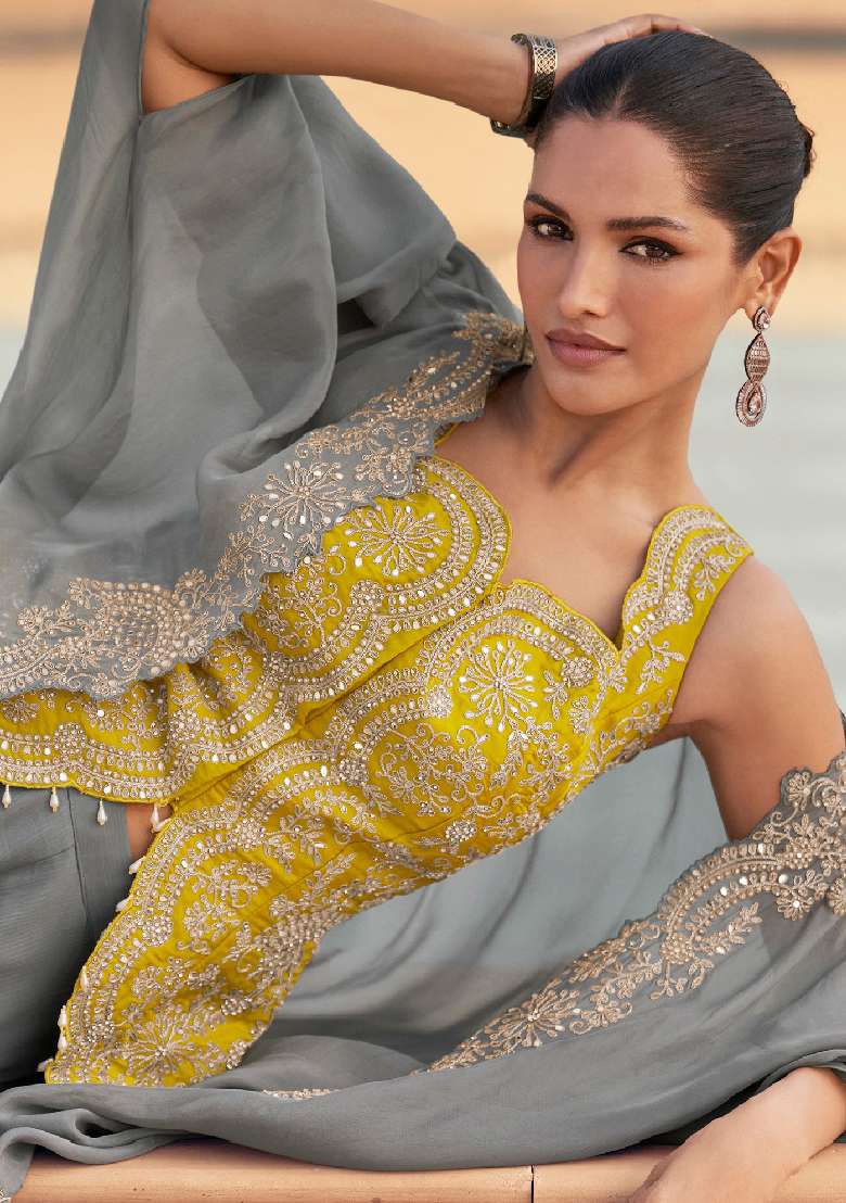 Yellow Embroidered Chinon Kaftan - Indya