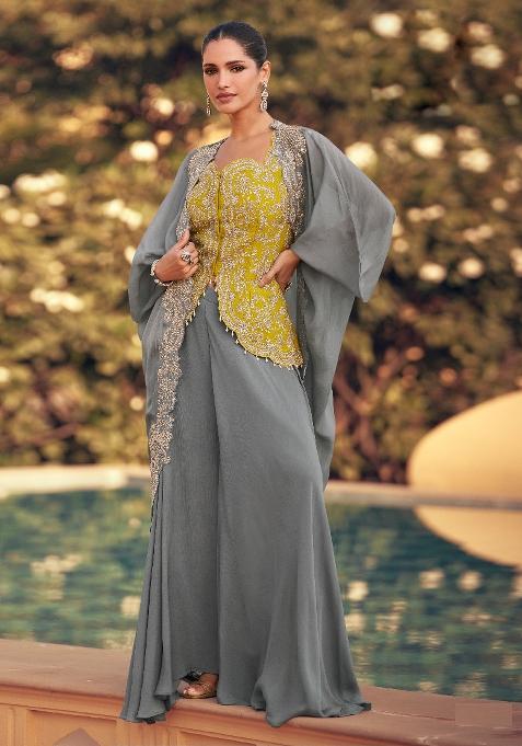 Yellow Zari Sequence Embroidery Chinon Kurta Set