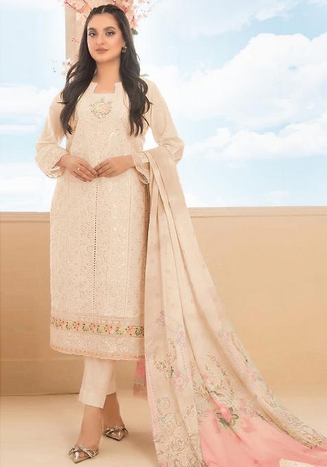 Beige Zari Sequence Embroidery Cotton Kurta Set