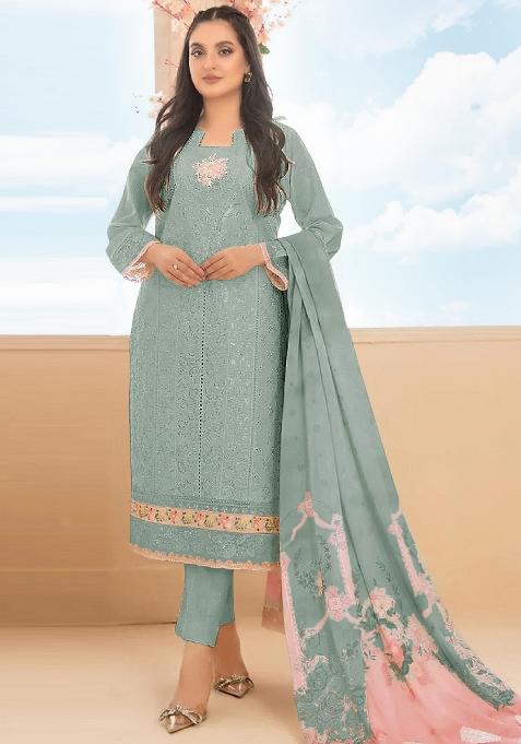 Green Zari Sequence Embroidery Cotton Kurta Set