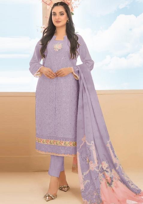 Purple Zari Sequence Embroidery Cotton Kurta Set