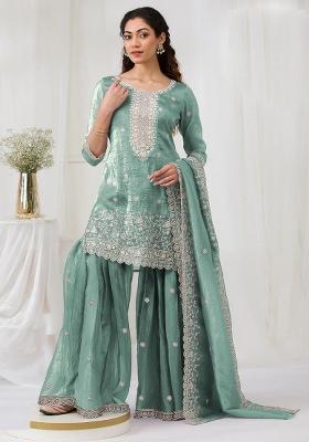 Sky Zari Sequence Embroidery Gold Crush Kurta Set