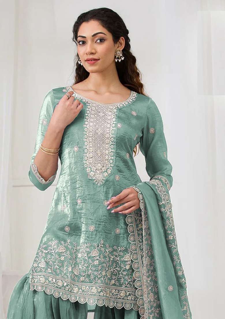 Sky Embroidered Gold Crush Sharara Set - Indya
