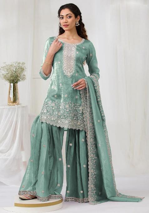 Sky Zari Sequence Embroidery Gold Crush Kurta Set