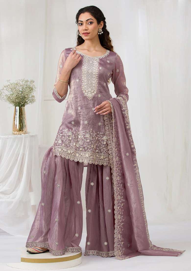 Lavender Embroidered Gold Crush Sharara Set - Indya