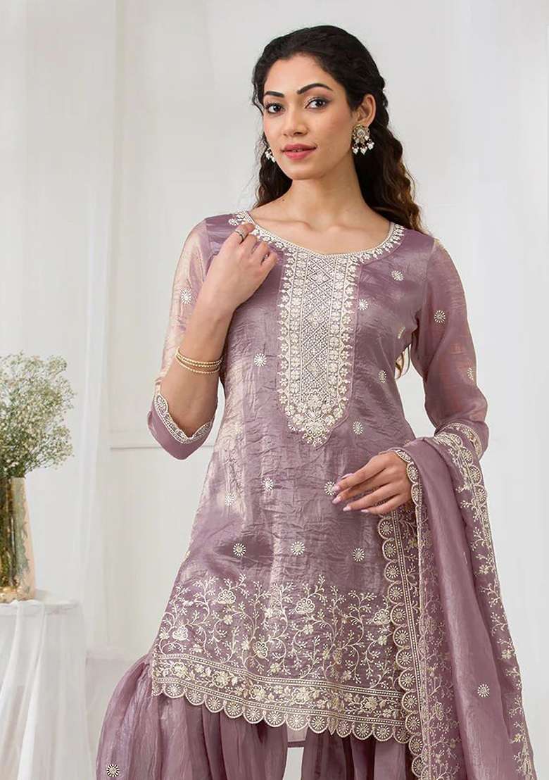 Lavender Embroidered Gold Crush Sharara Set - Indya