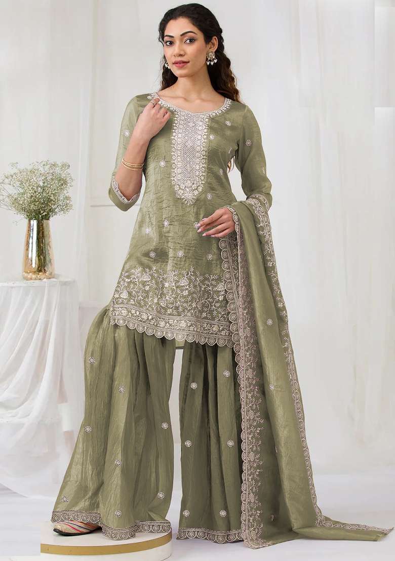 Green Embroidered Gold Crush Sharara Set - Indya