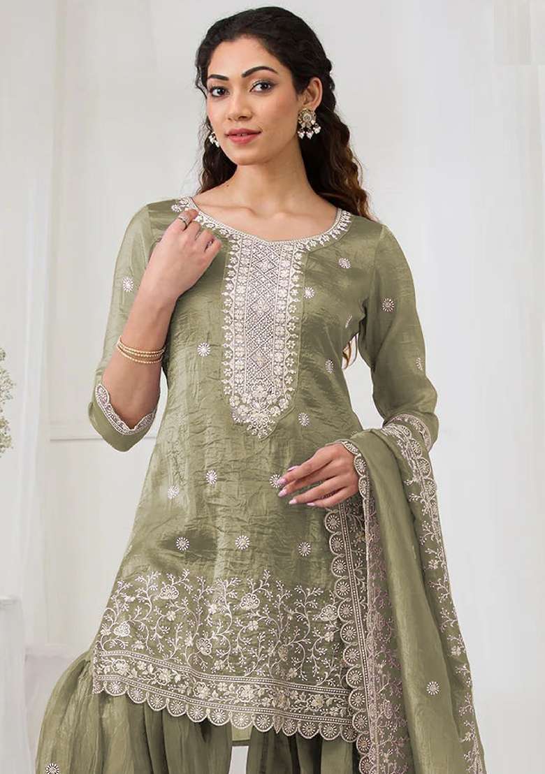 Green Embroidered Gold Crush Sharara Set - Indya