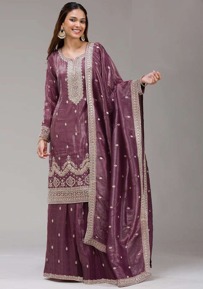 Mauve Embroidered Gold Crush Sharara Set - Indya