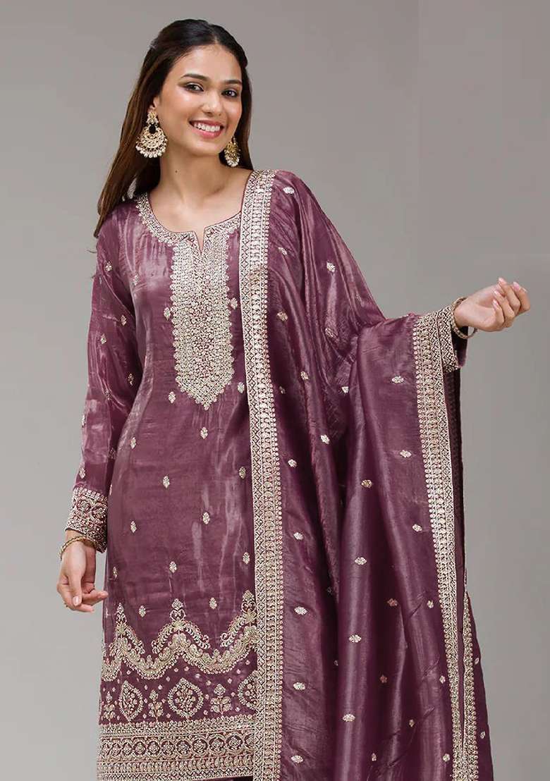 Mauve Embroidered Gold Crush Sharara Set - Indya