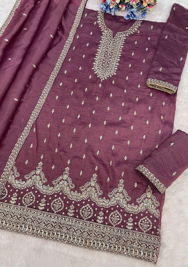 Mauve Embroidered Gold Crush Sharara Set - Indya