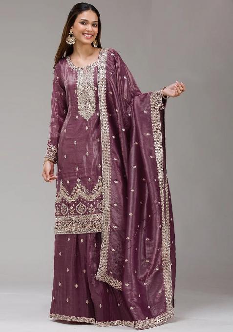 Mauve Zari Sequence Embroidery Gold Crush Kurta Set