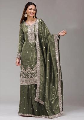 Green Zari Sequence Embroidery Gold Crush Kurta Set