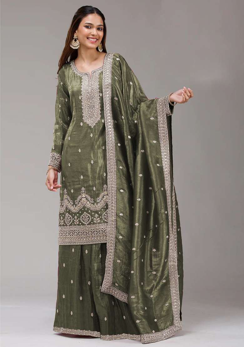 Green Embroidered Gold Crush Sharara Set - Indya