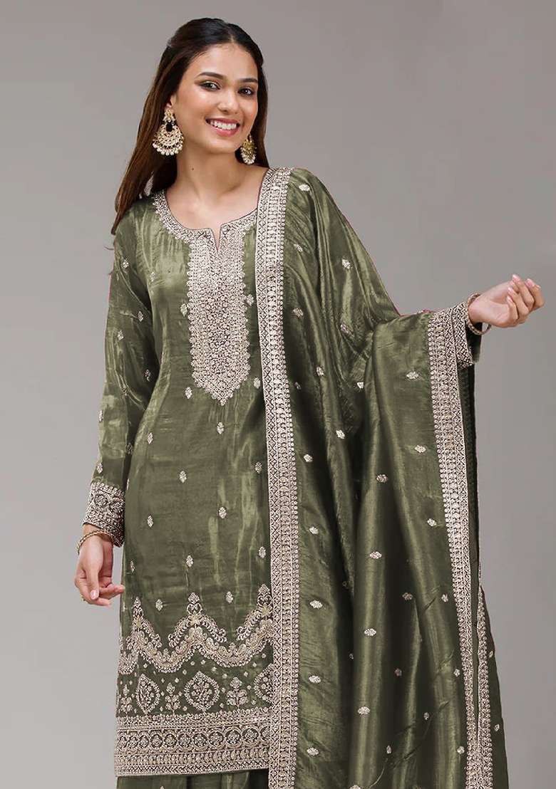 Green Embroidered Gold Crush Sharara Set - Indya