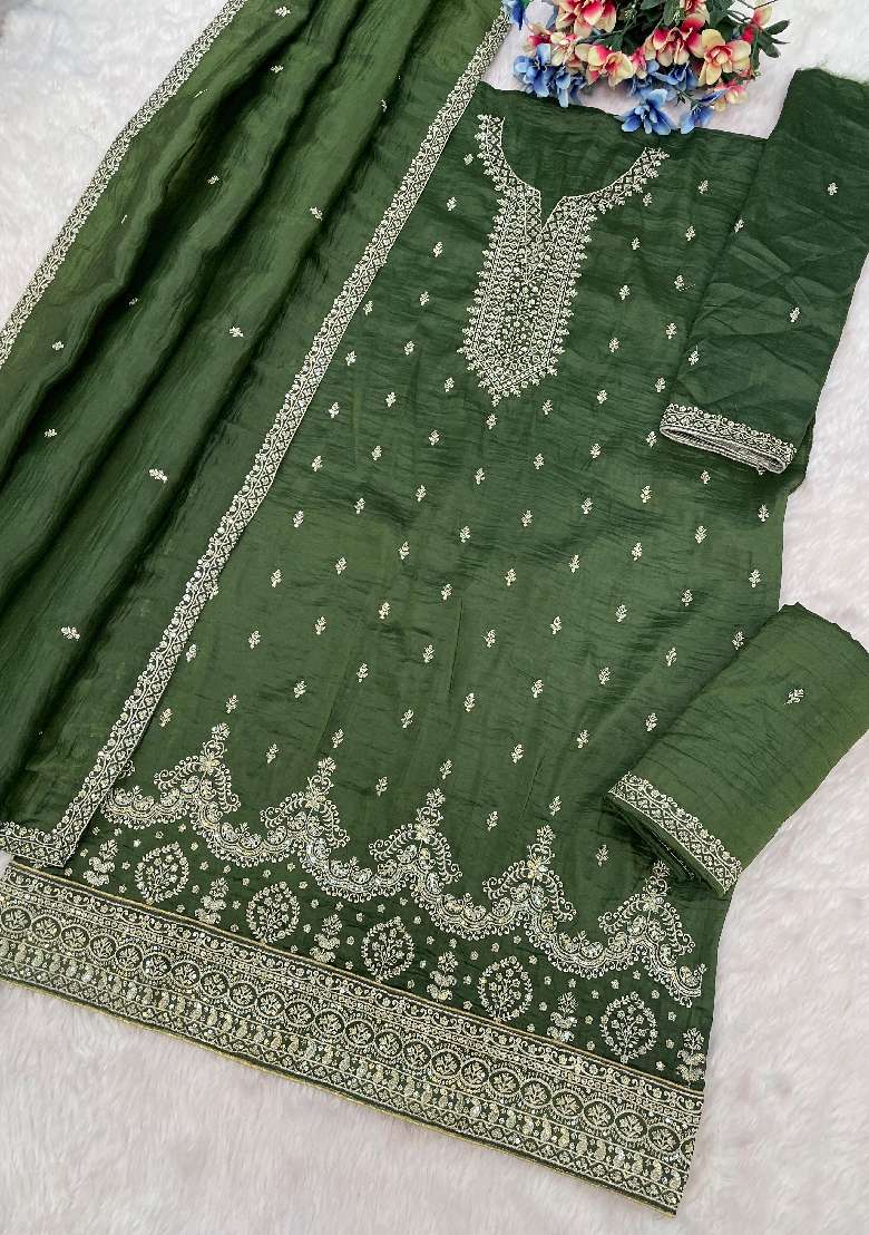 Green Embroidered Gold Crush Sharara Set - Indya