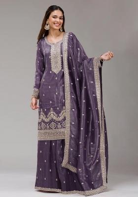 Purple Zari Sequence Embroidery Gold Crush Kurta Set