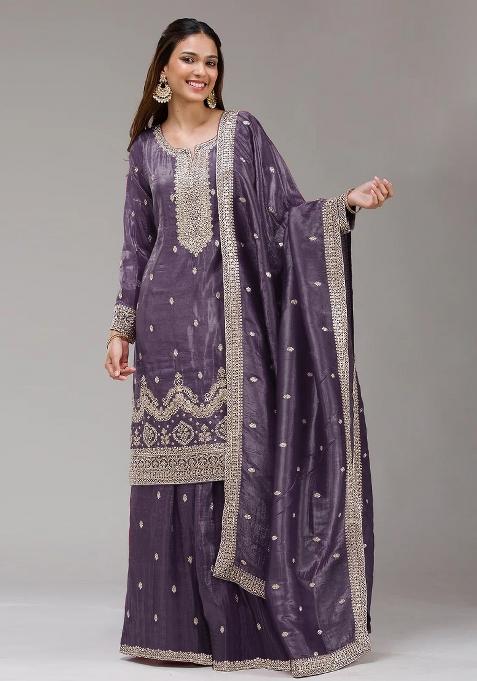 Purple Embroidered Gold Crush Sharara Set