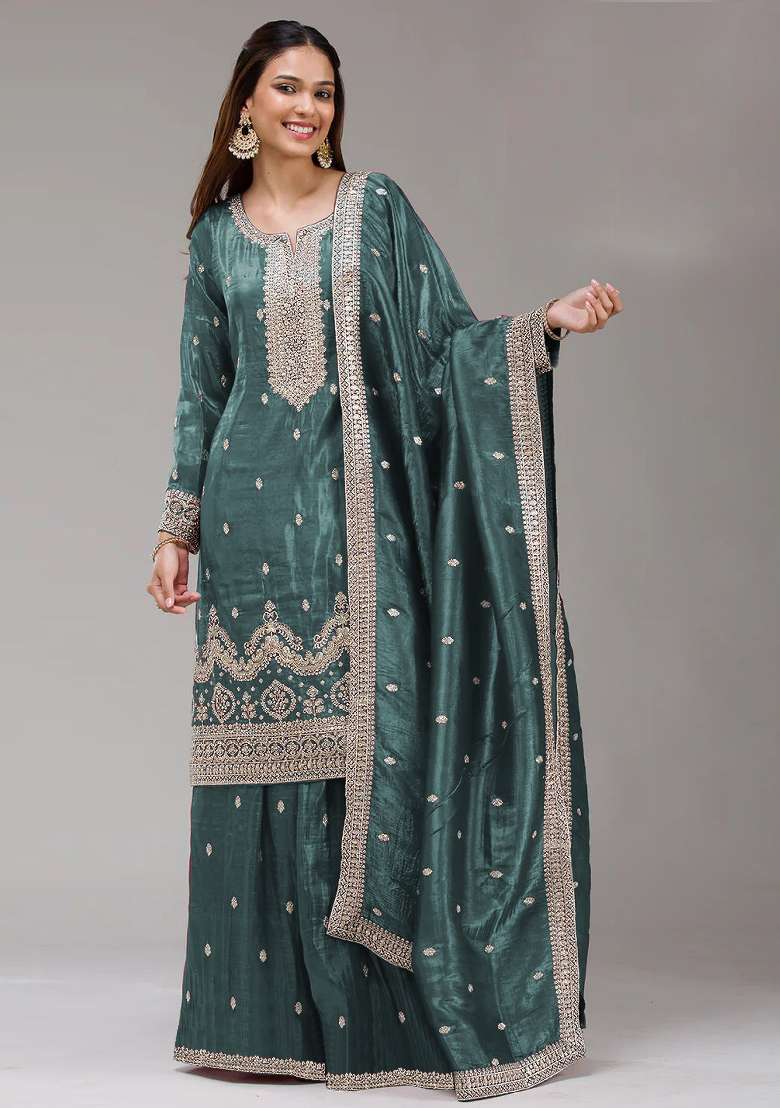 Wine Embroidered Gold Crush Sharara Set - Indya
