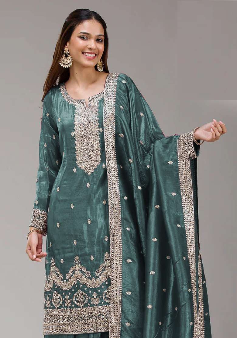 Wine Embroidered Gold Crush Sharara Set - Indya