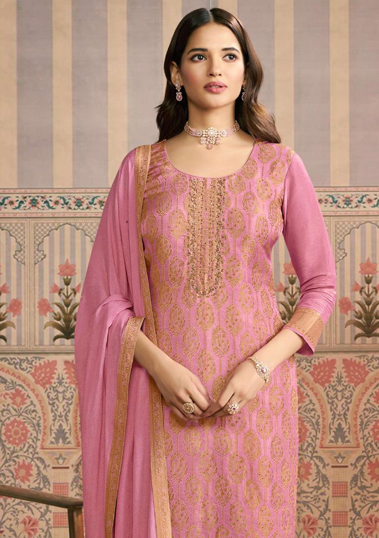 Light Pink Embroidery jacquard Kurta Set - Indya