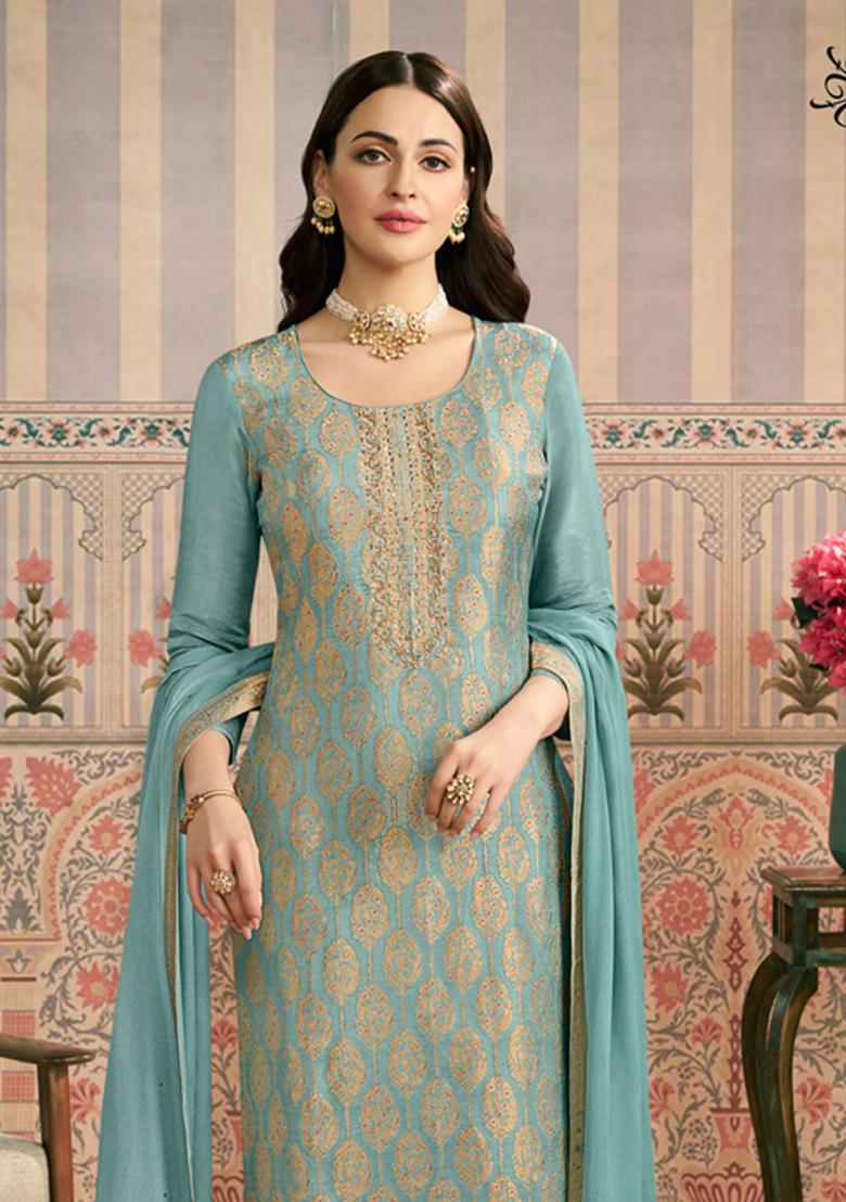 Light Blue Embroidery jacquard Kurta Set - Indya