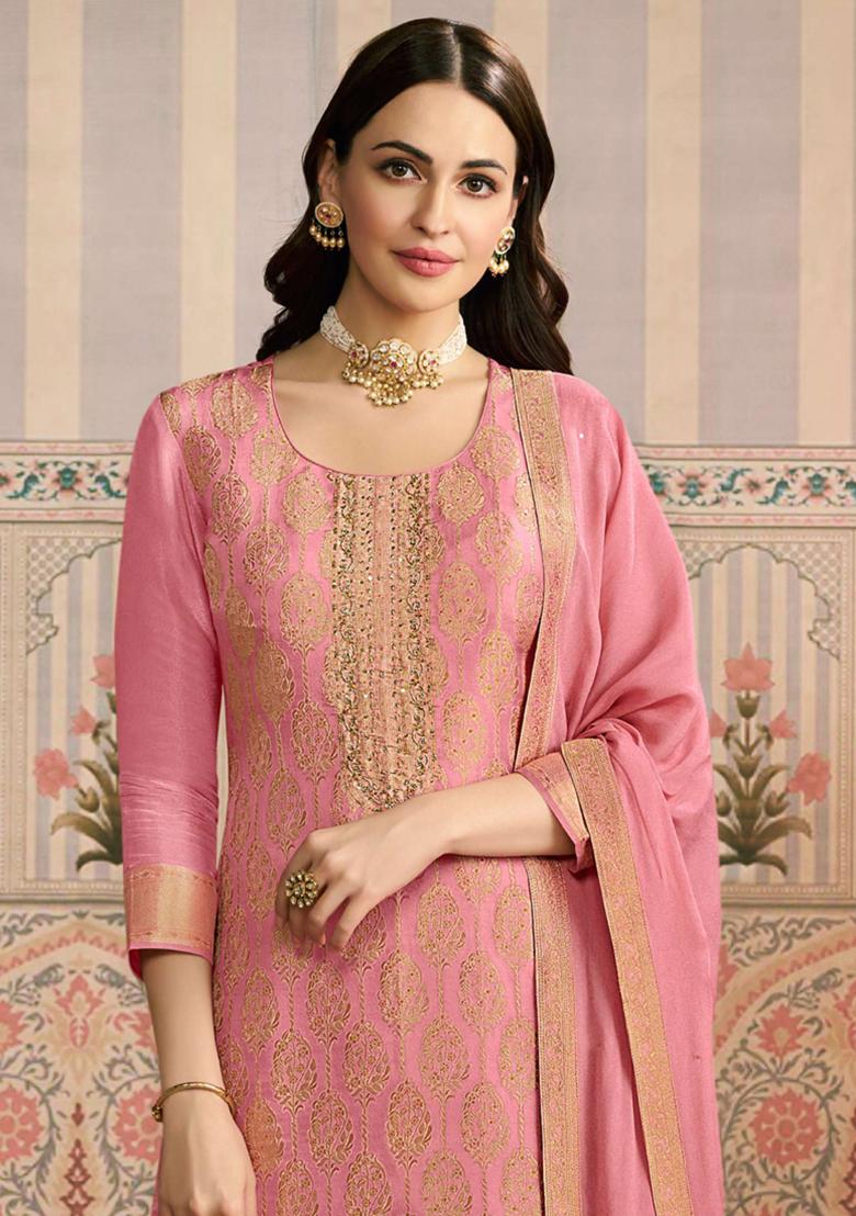 Pink Embroidery Silk Kurta Set - Indya