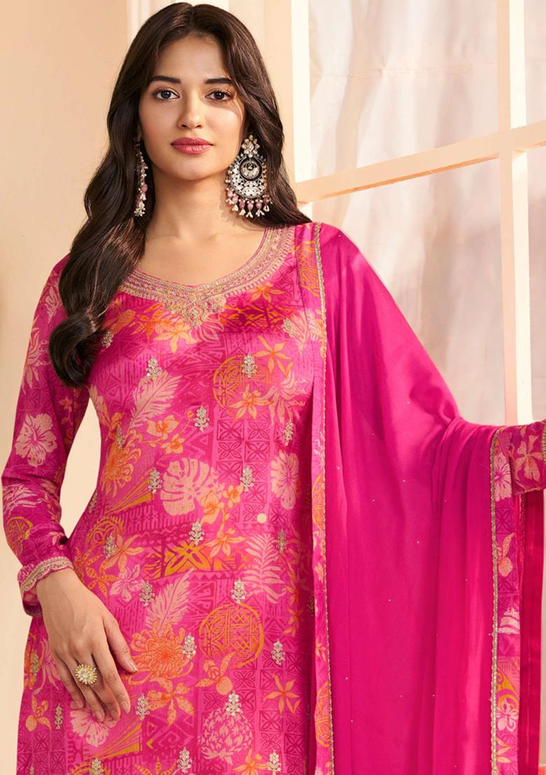 Pink Printed Silk Kurta Set - Indya