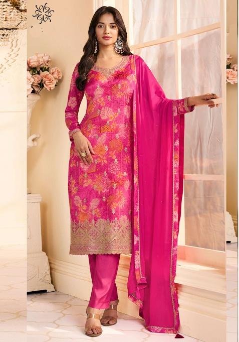 Pink Printed Silk Kurta Set